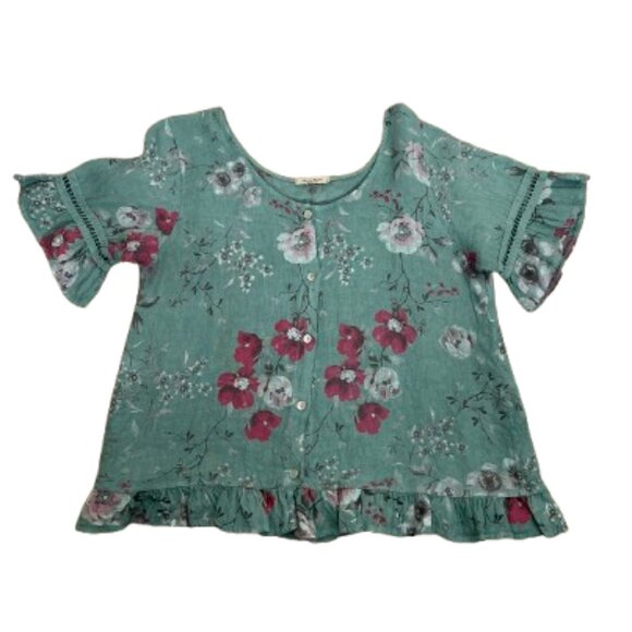 Alessia Pacini Italy Women's Linen Floral Boho Ruffle Top Size L - Picture 2 of 9